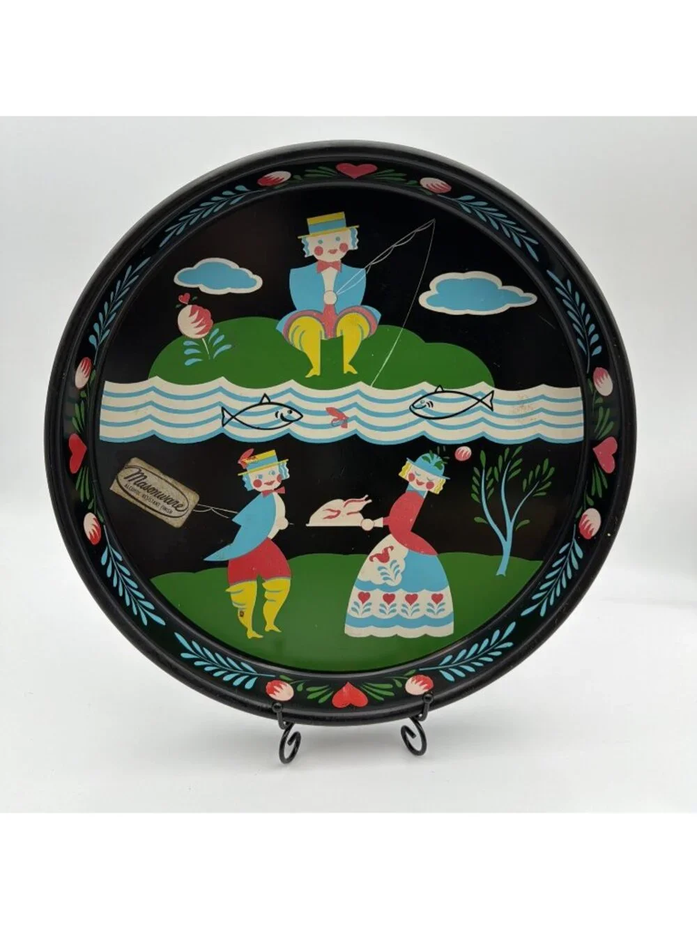 Masonware Serving Tray 1960s Pennsylvania Dutch Fishing MCM Decor 13” W/Tag